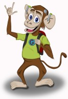 Comic-Zeichnung eines Affen in grünem T-Shirt, der ein Hörgerät und ein CI trägt und fröhlich eine ILY-Hand macht.