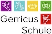 Der Schriftzug Gerricus-Schule mit fünf bunten Piktogrammen. Auf diesen sind dargestellt ein Ohr, gebärdende Hände, ein Mund, ein Auge und das ILY-Zeichen.