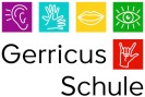Der Schriftzug Gerricus-Schule mit fünf bunten Piktogrammen. Auf diesen sind dargestellt ein Ohr, gebärdende Hände, ein Mund, ein Auge und das ILY-Zeichen.