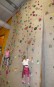 2 Mädchen klettern nebeneinander an der Kletterwand. Sie sind mit Seilen gesichert (Toprope). Beide Mädchen schauen nach dem nächsten Tritt bzw. Griff.